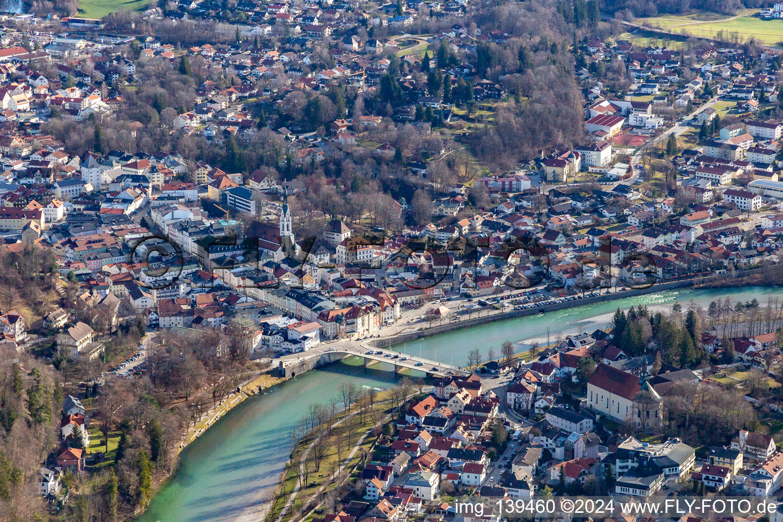 Old town with Isar bridge in Bad Tölz in the state Bavaria, Germany