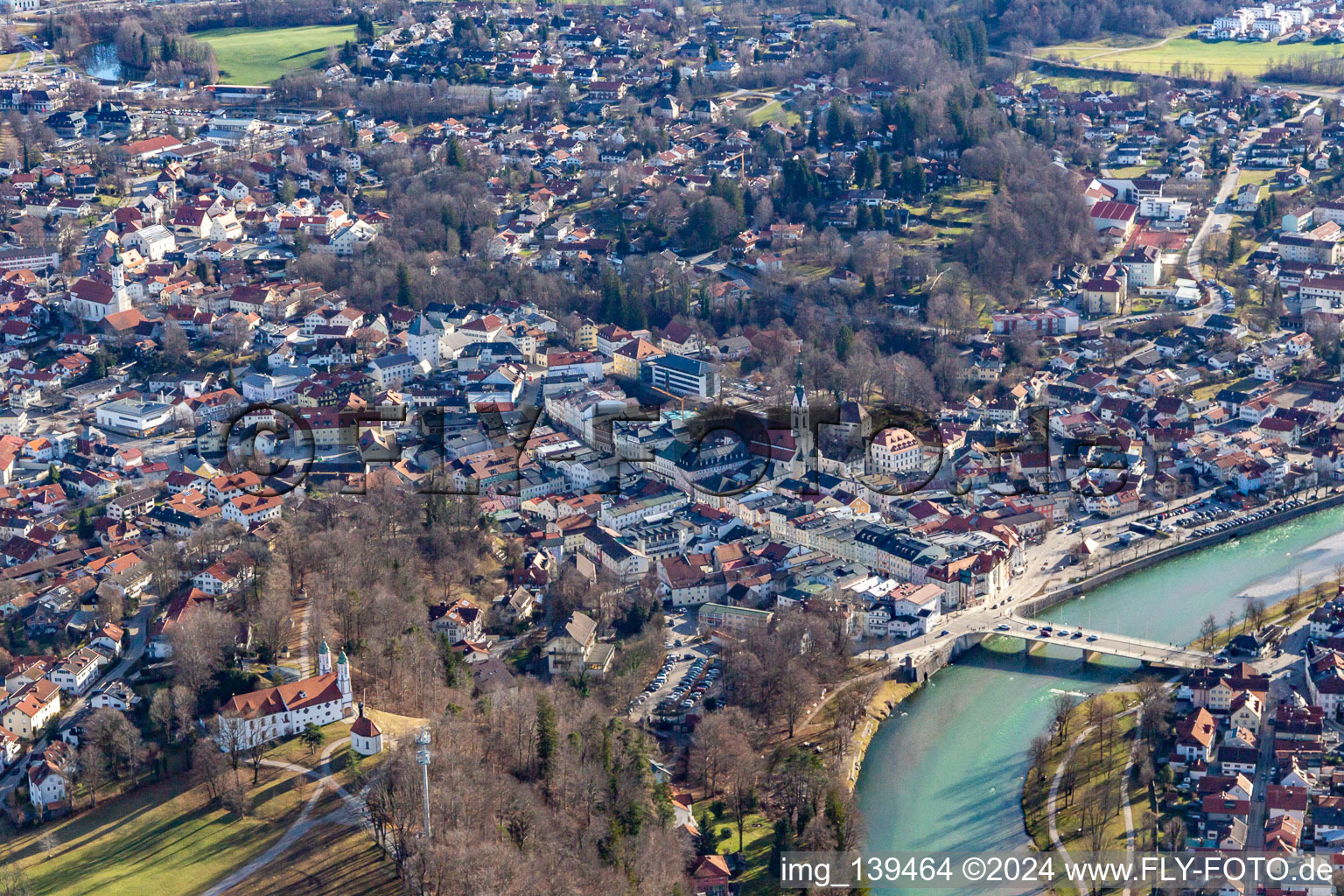 Aerial view of Old town with Isar bridge in Bad Tölz in the state Bavaria, Germany