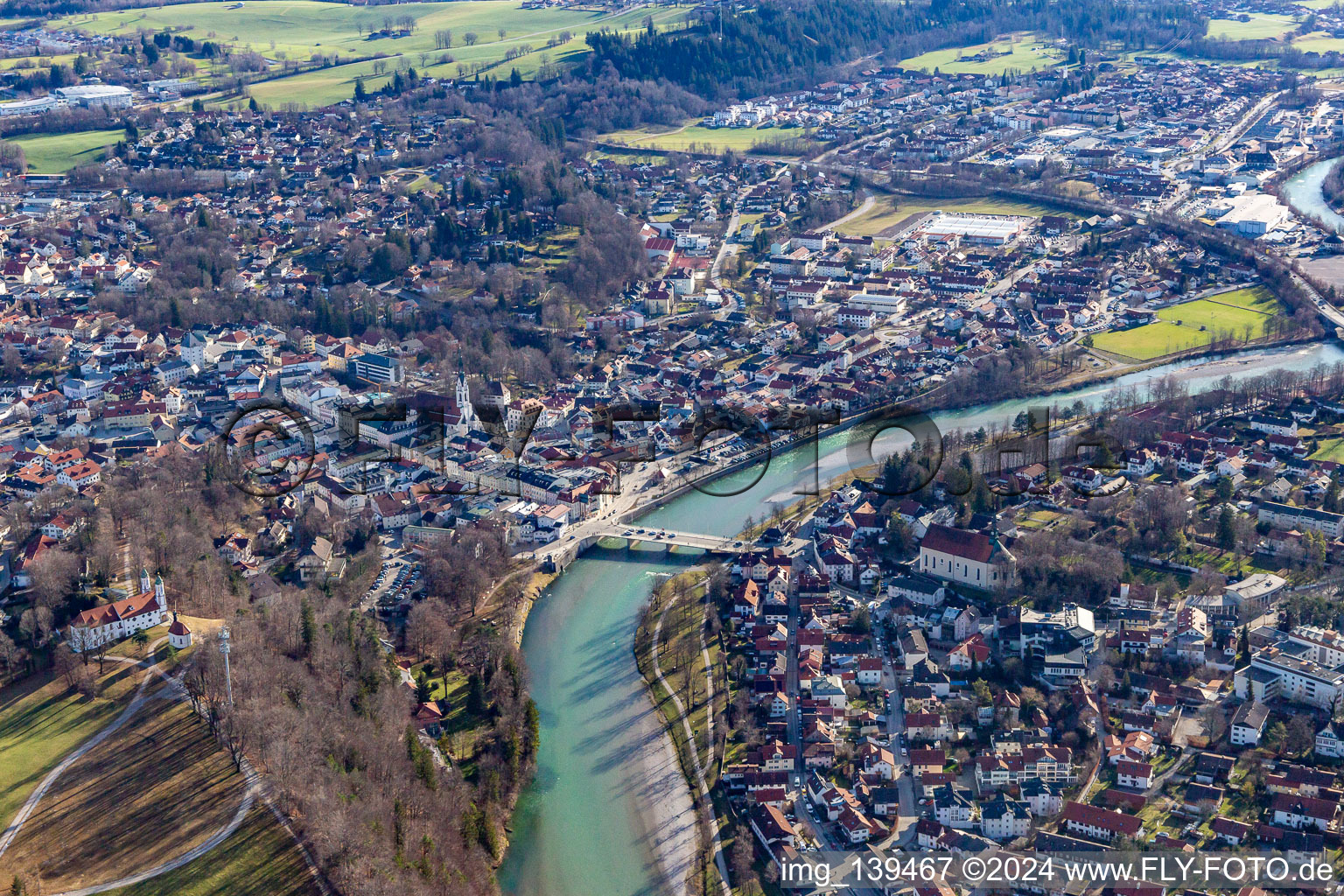 Aerial photograpy of Old town with Isar bridge in Bad Tölz in the state Bavaria, Germany