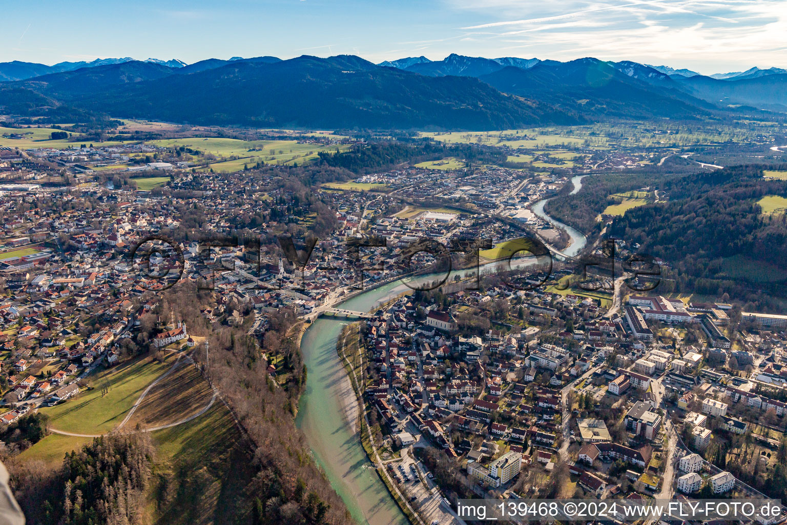 Oblique view of Old town with Isar bridge in Bad Tölz in the state Bavaria, Germany