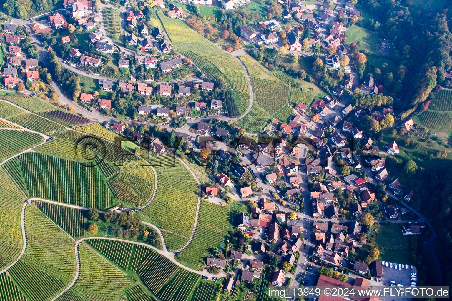 Panorama of the town area and the surrounding area with vineyards in the district Büchelbach in Sasbachwalden in the state Baden-Wuerttemberg, Germany