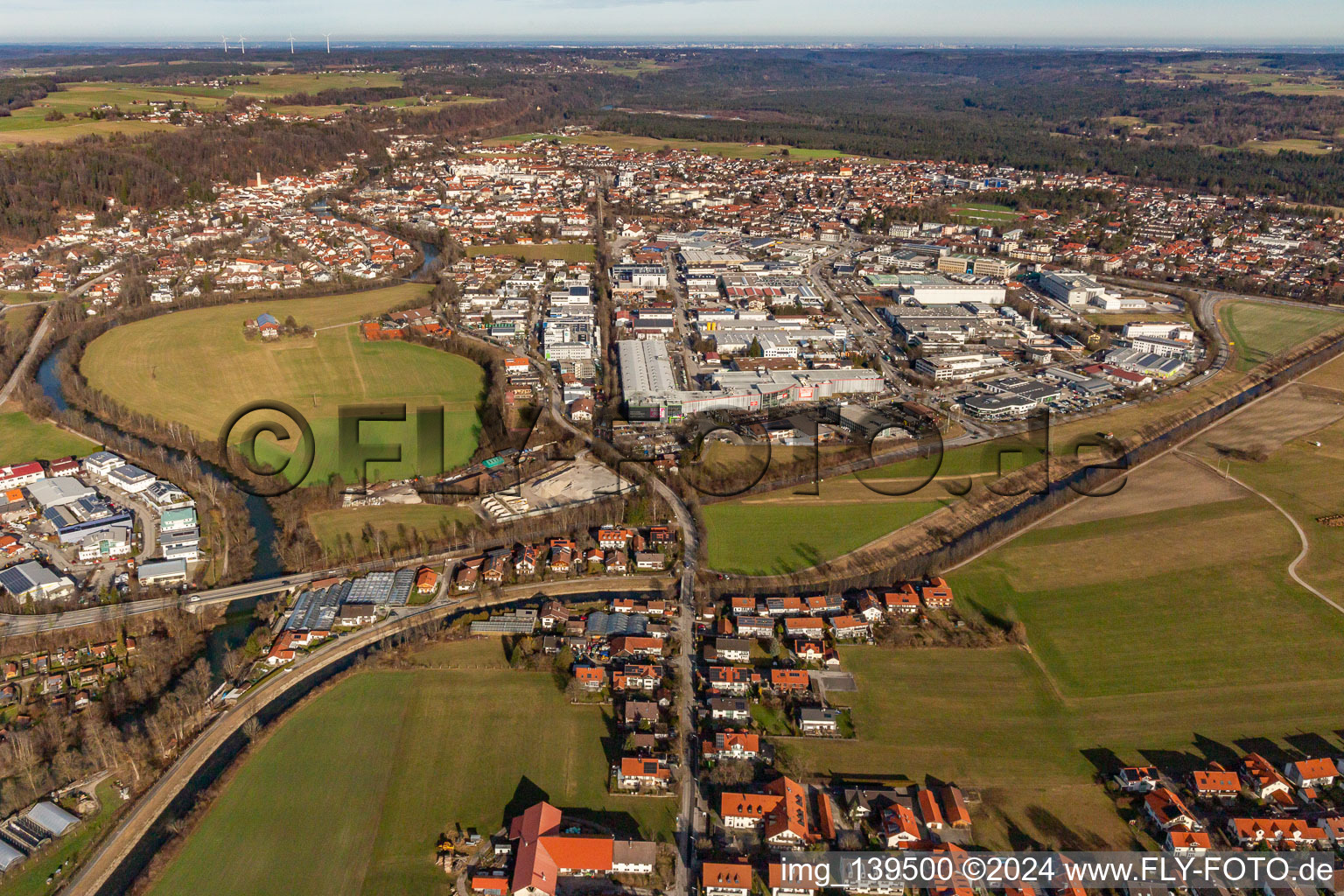 Aerial view of Industrial area Raiffeisenstr in Wolfratshausen in the state Bavaria, Germany