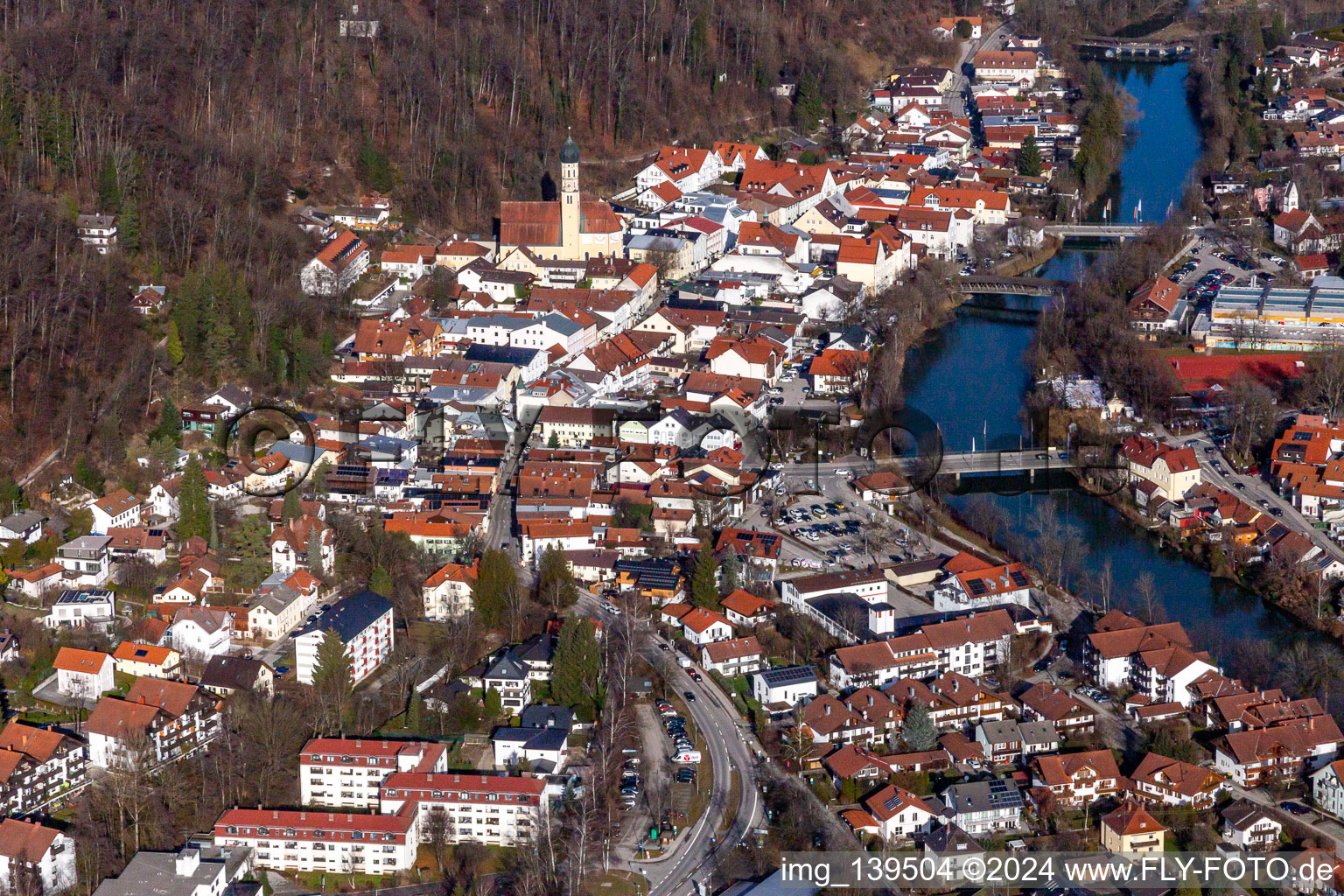 Aerial view of Old town on the Loisach in Wolfratshausen in the state Bavaria, Germany