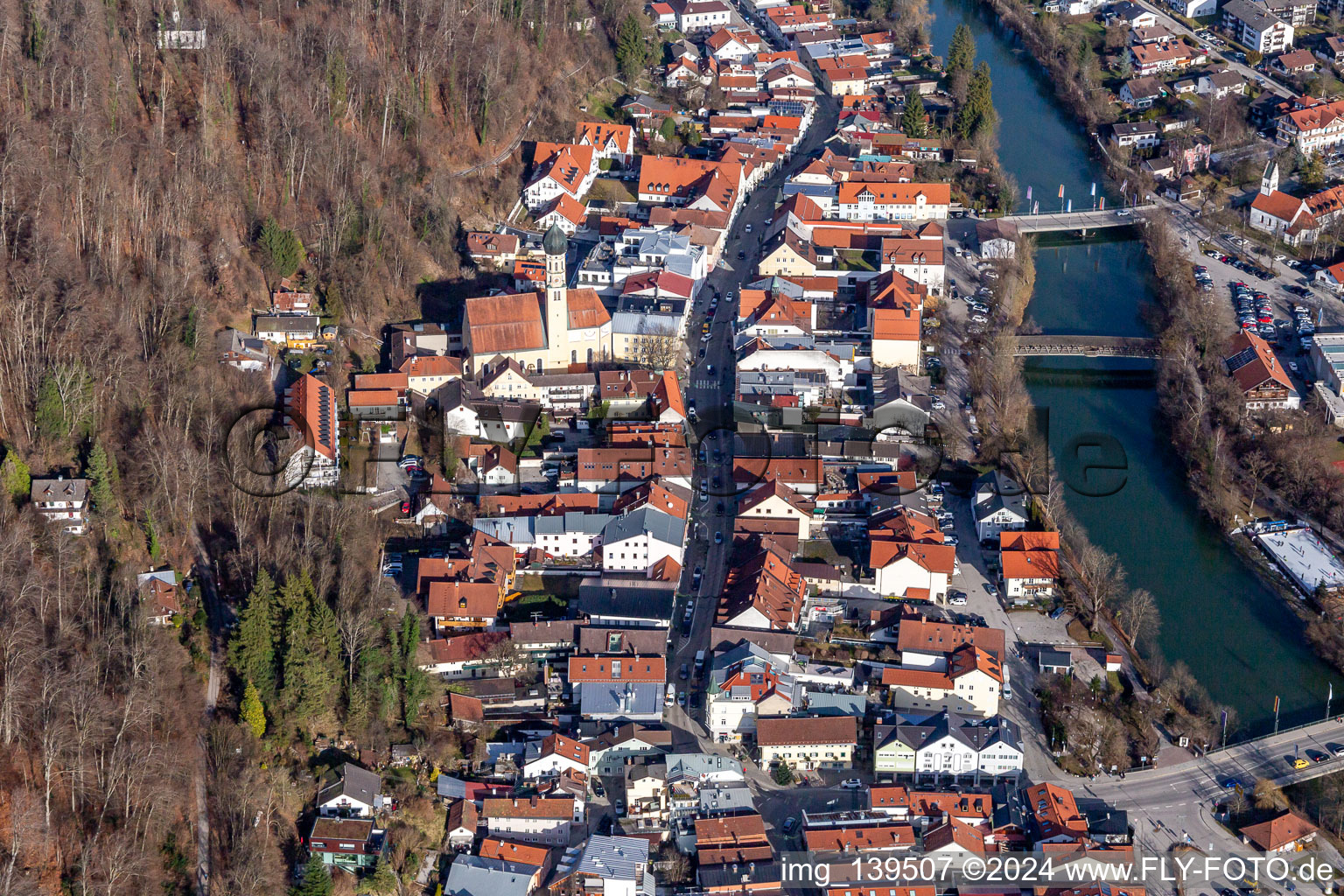 Aerial photograpy of Old town on the Loisach in Wolfratshausen in the state Bavaria, Germany