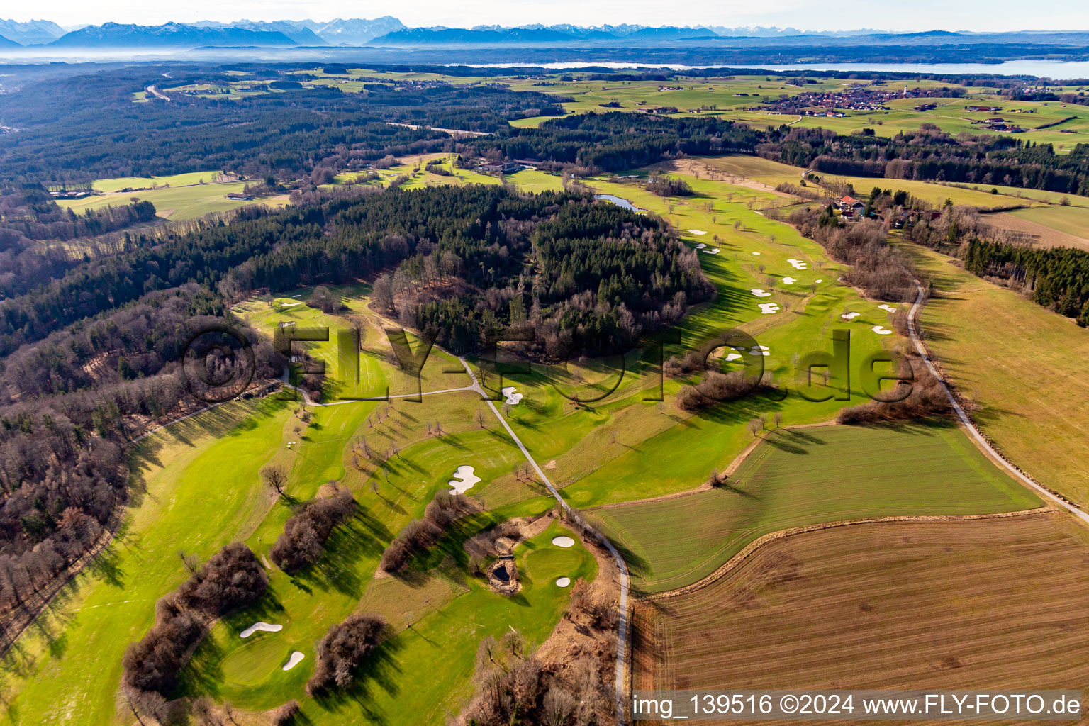 Oblique view of Golf Club Berkramerhof in the district Dorfen in Icking in the state Bavaria, Germany