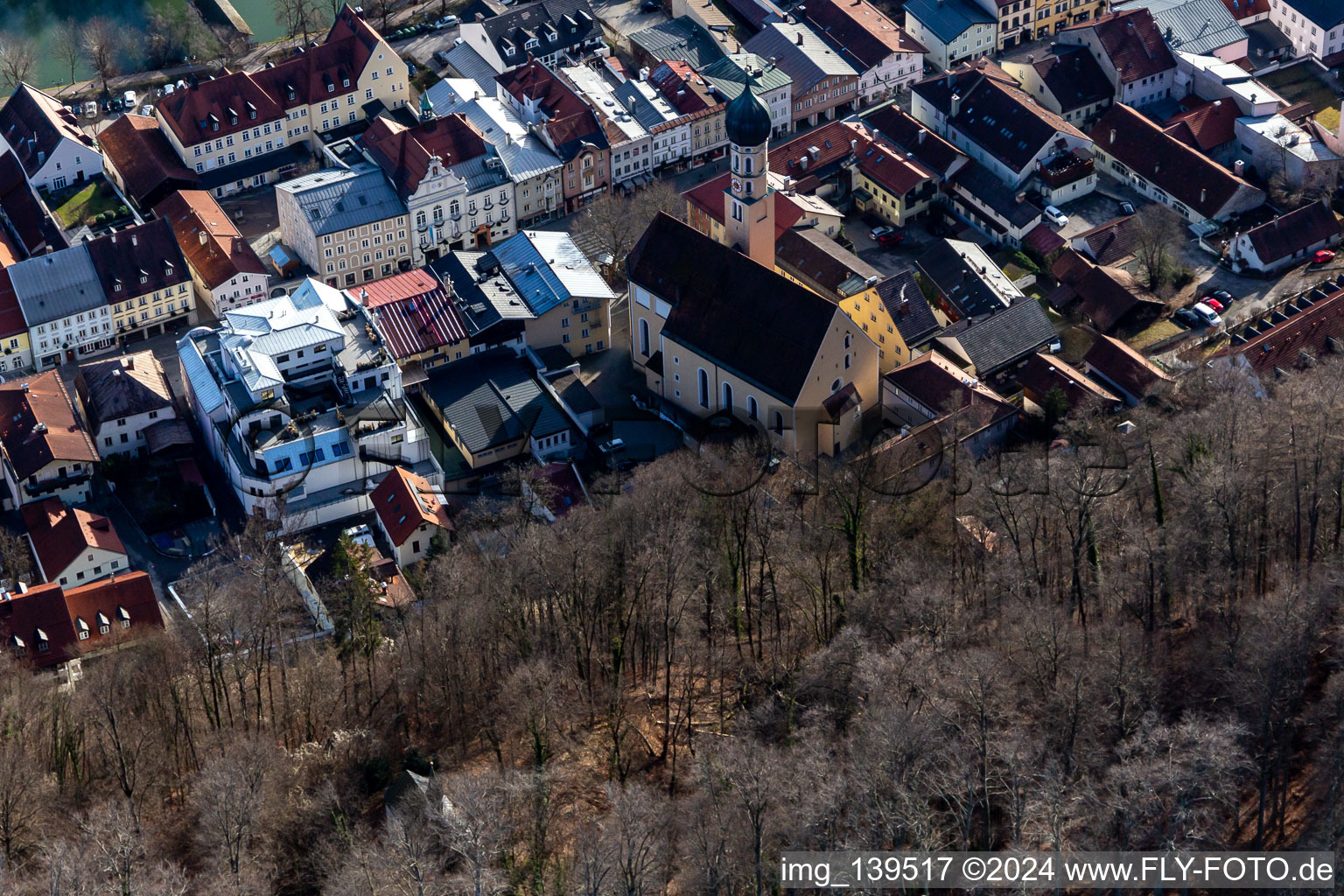 Old town with St. Andreas Church, Obermarkt on the Loisa bank with Sebastiani-Steg, Andreas Bridge in Wolfratshausen in the state Bavaria, Germany