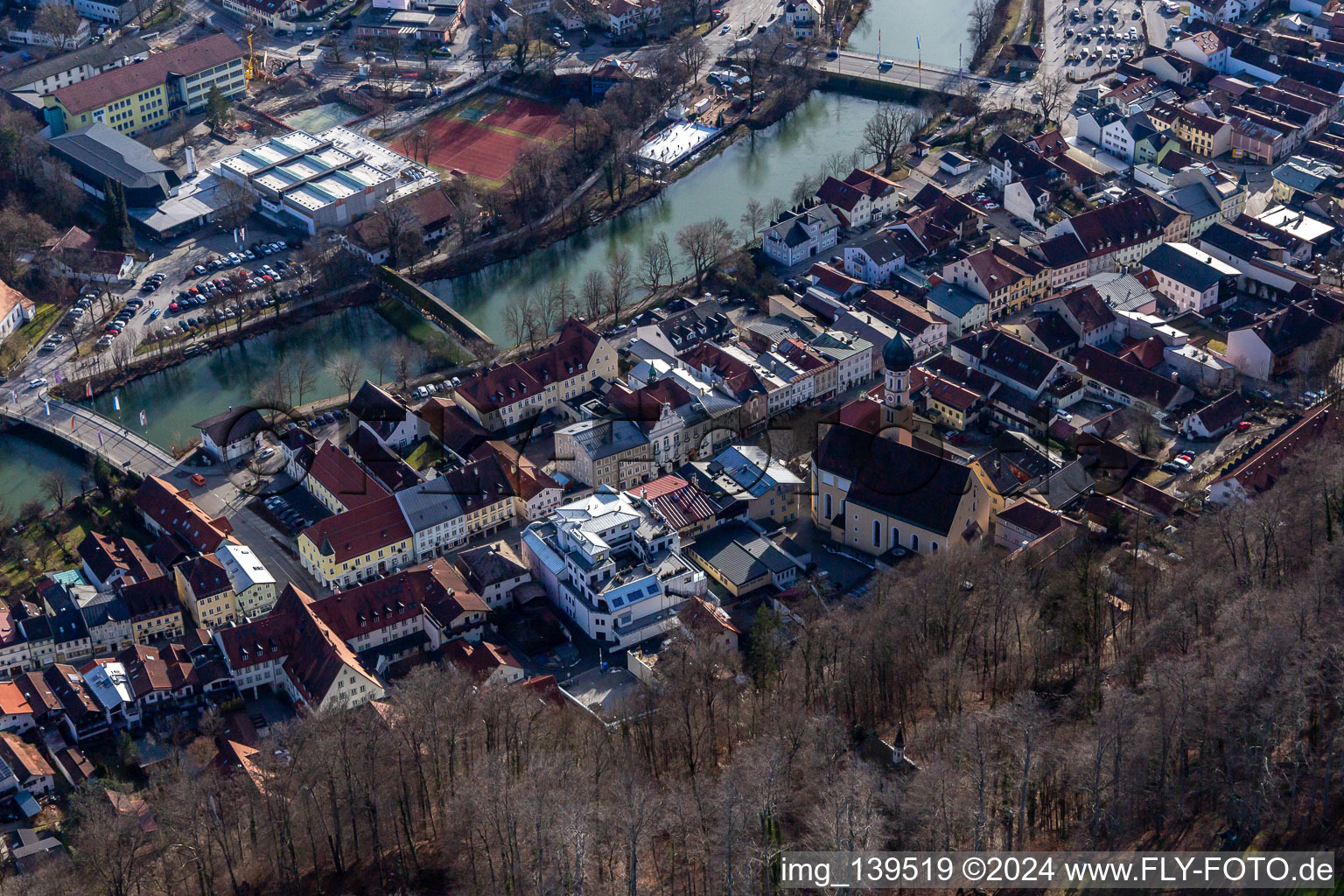 Aerial view of Old town with St. Andreas Church, Obermarkt on the Loisa bank with Sebastiani-Steg, Andreas Bridge in Wolfratshausen in the state Bavaria, Germany