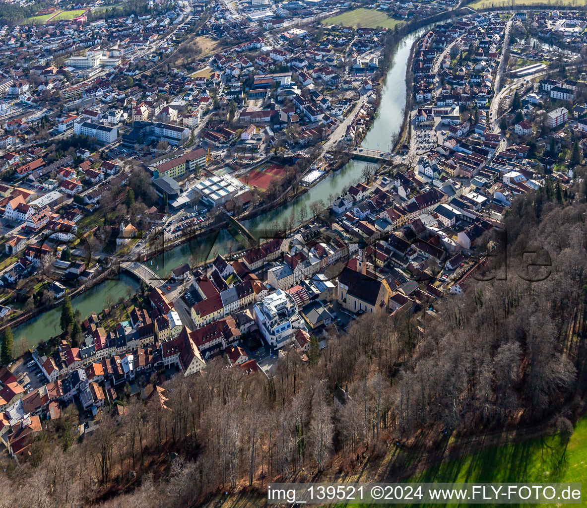 Aerial photograpy of Old town with St. Andreas Church, Obermarkt on the Loisa bank with Sebastiani-Steg, Andreas Bridge in Wolfratshausen in the state Bavaria, Germany