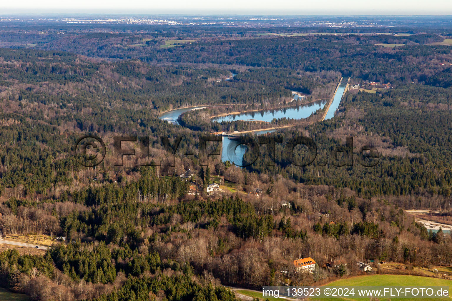 Aerial view of Icking weir and pond between Mühltalkanal and Isarkanal in the district Ergertshausen in Egling in the state Bavaria, Germany