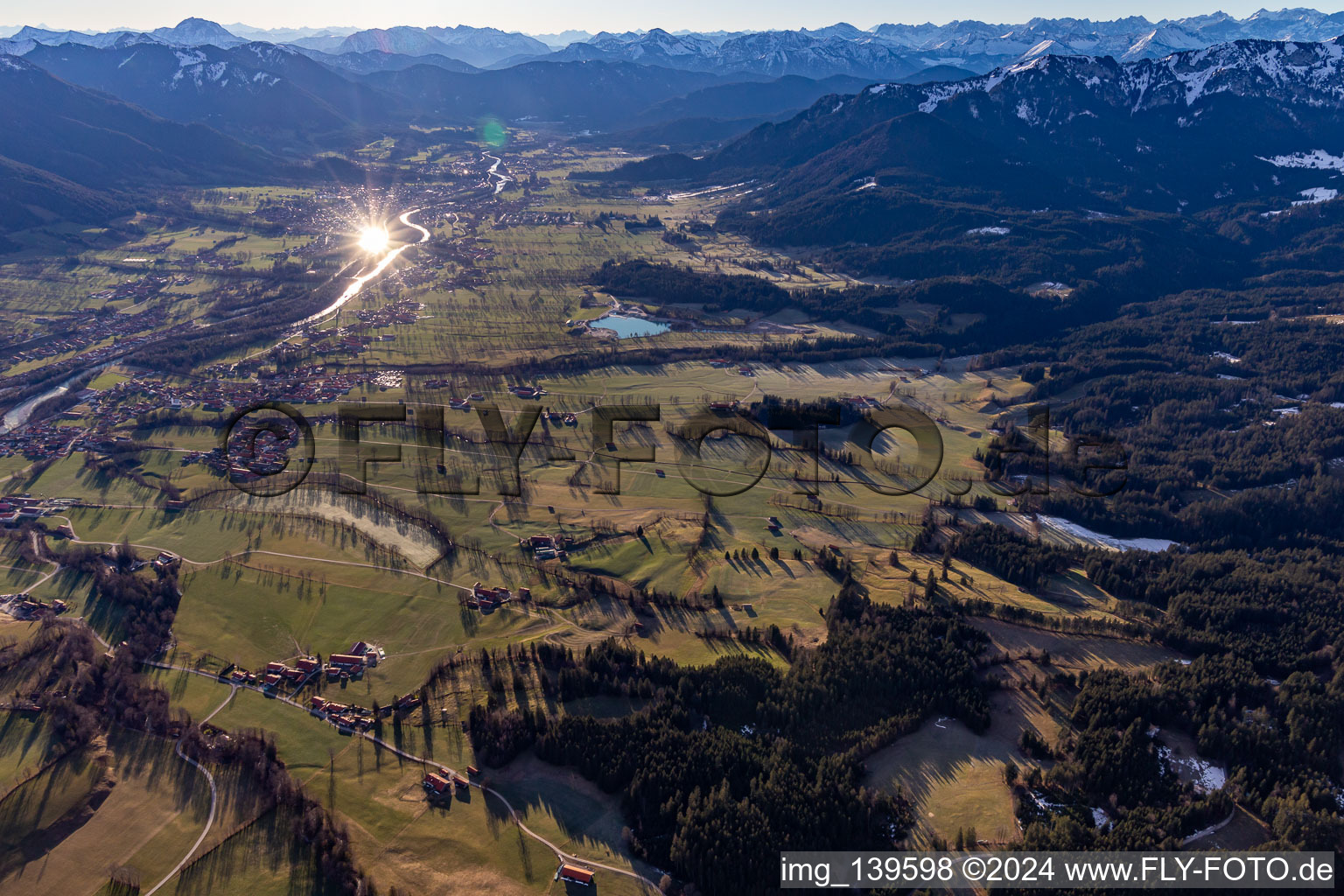 Aerial photograpy of Sunrise over the Isar Valley in Lenggries in the state Bavaria, Germany