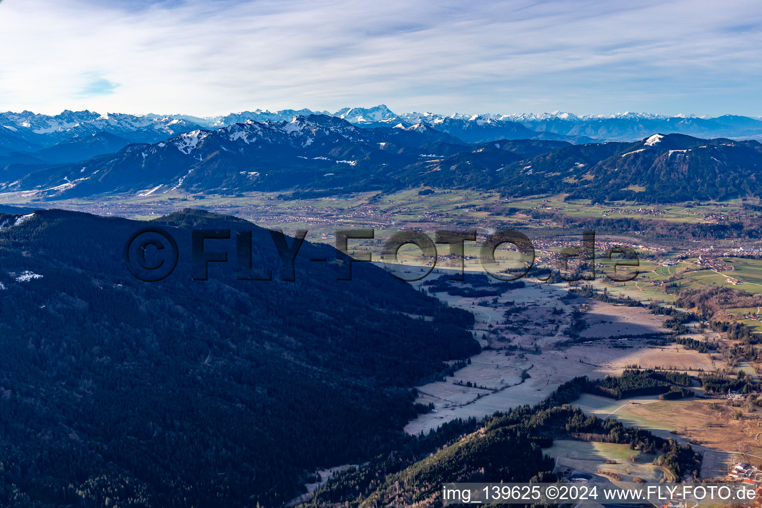 Isar Valley from the northeast in the district Mühle in Gaißach in the state Bavaria, Germany