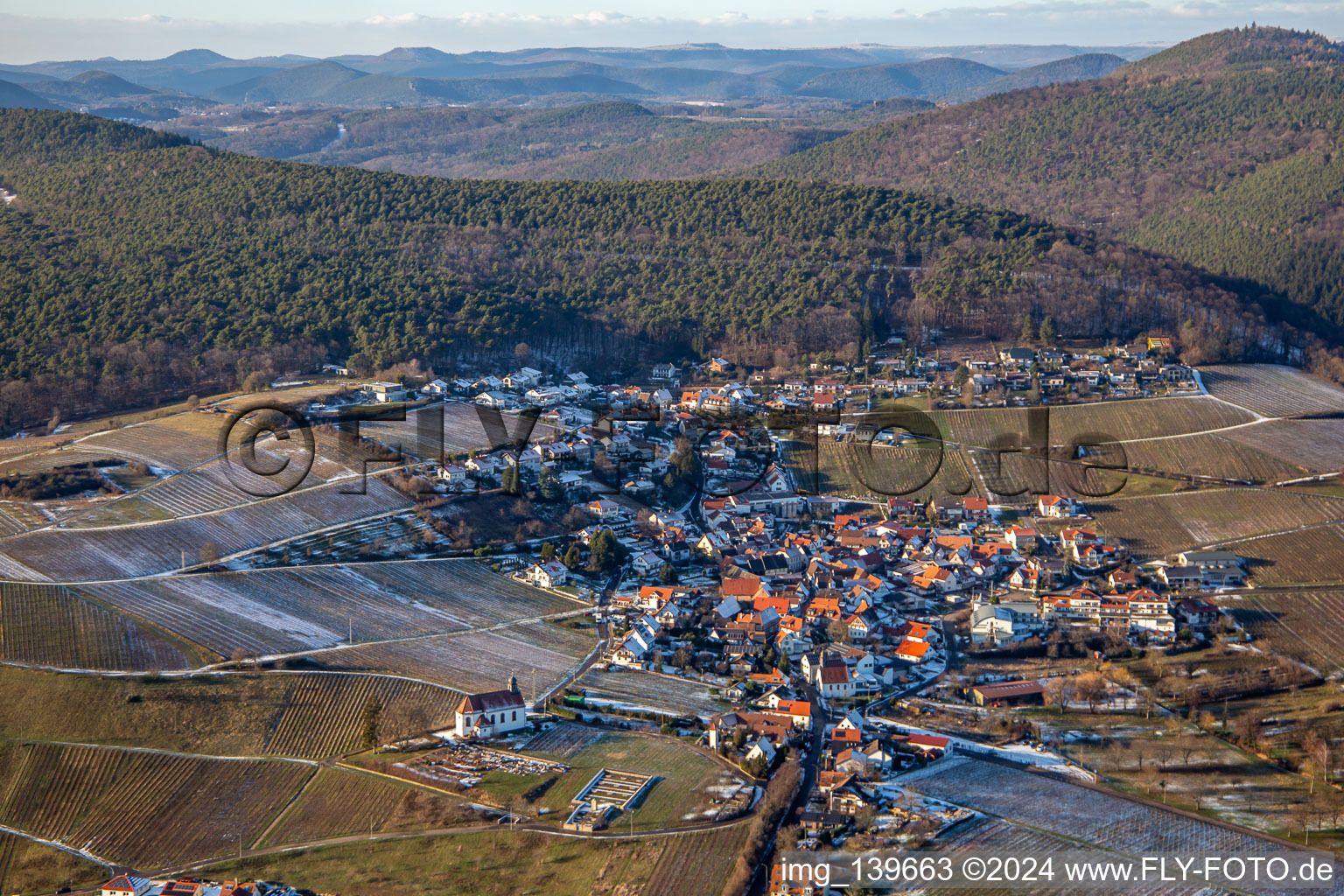 Aerial view of In winter when there is snow in the district Gleiszellen in Gleiszellen-Gleishorbach in the state Rhineland-Palatinate, Germany