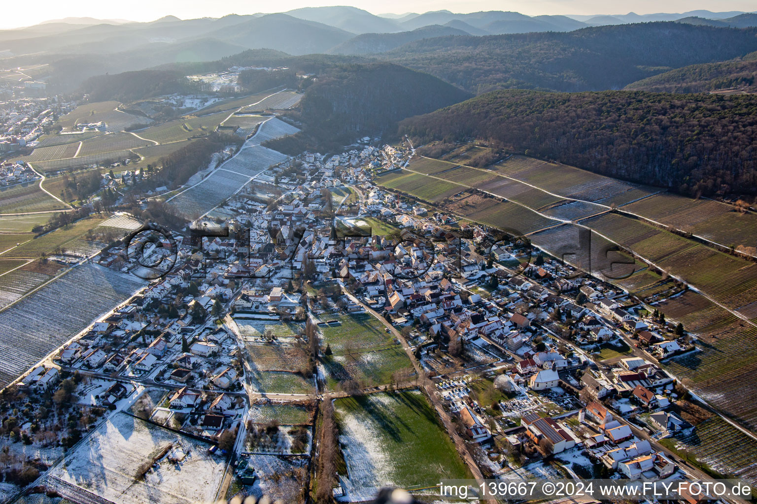 Aerial view of In winter when there is snow in the district Pleisweiler in Pleisweiler-Oberhofen in the state Rhineland-Palatinate, Germany