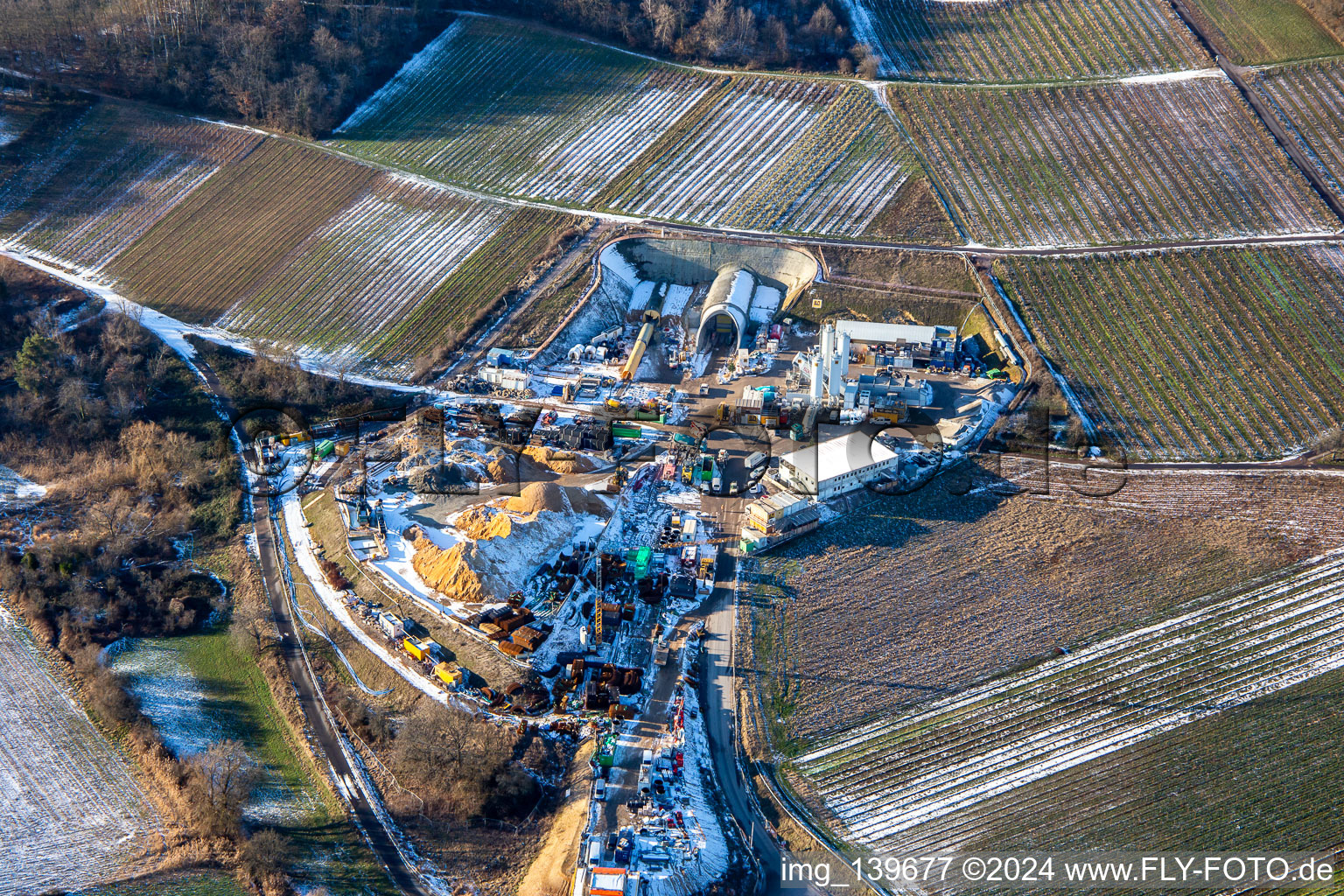 Aerial photograpy of Tunnel construction site in winter with snow in Dörrenbach in the state Rhineland-Palatinate, Germany