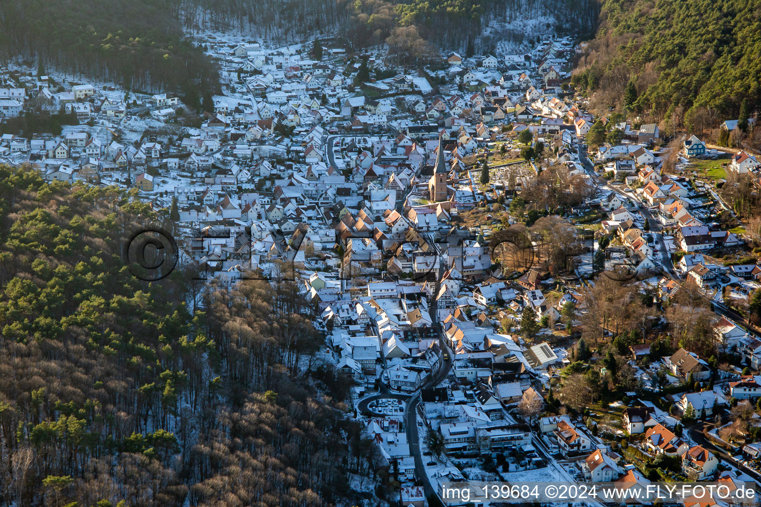 Aerial view of The Sleeping Beauty of the Palatinate in winter with snow in Dörrenbach in the state Rhineland-Palatinate, Germany