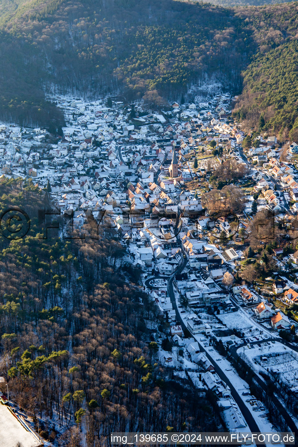 Aerial photograpy of The Sleeping Beauty of the Palatinate in winter with snow in Dörrenbach in the state Rhineland-Palatinate, Germany