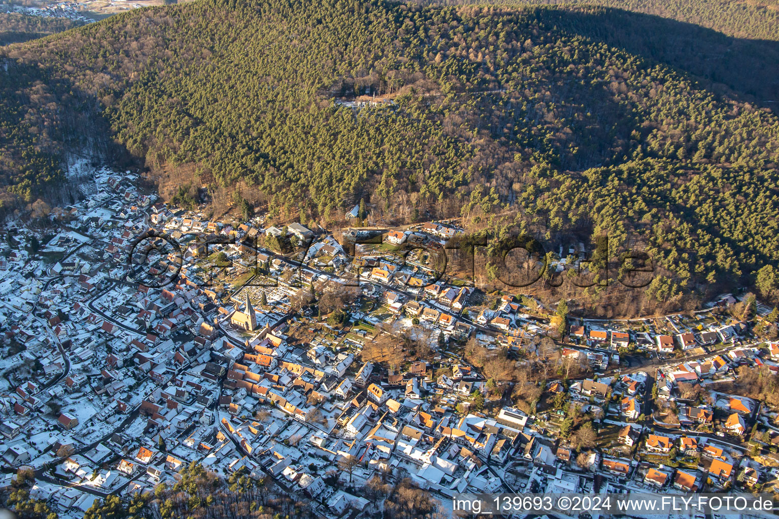 The Sleeping Beauty of the Palatinate in winter with snow in Dörrenbach in the state Rhineland-Palatinate, Germany from above