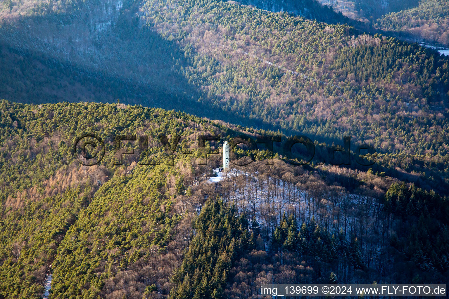 Stäffelsberg Tower in winter from the east in Dörrenbach in the state Rhineland-Palatinate, Germany