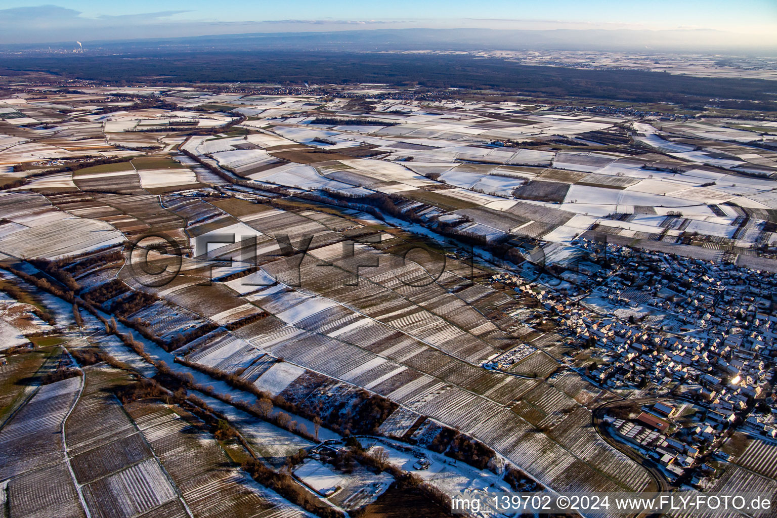 Between Dierbach and Otterbach valleys in winter when there is snow in Oberotterbach in the state Rhineland-Palatinate, Germany