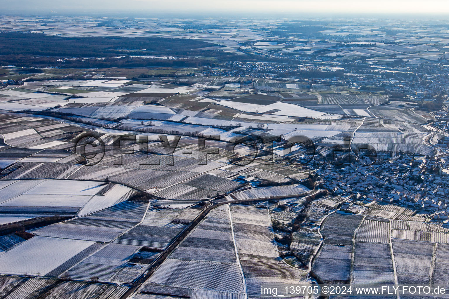 In winter with snow from the northwest in the district Rechtenbach in Schweigen-Rechtenbach in the state Rhineland-Palatinate, Germany