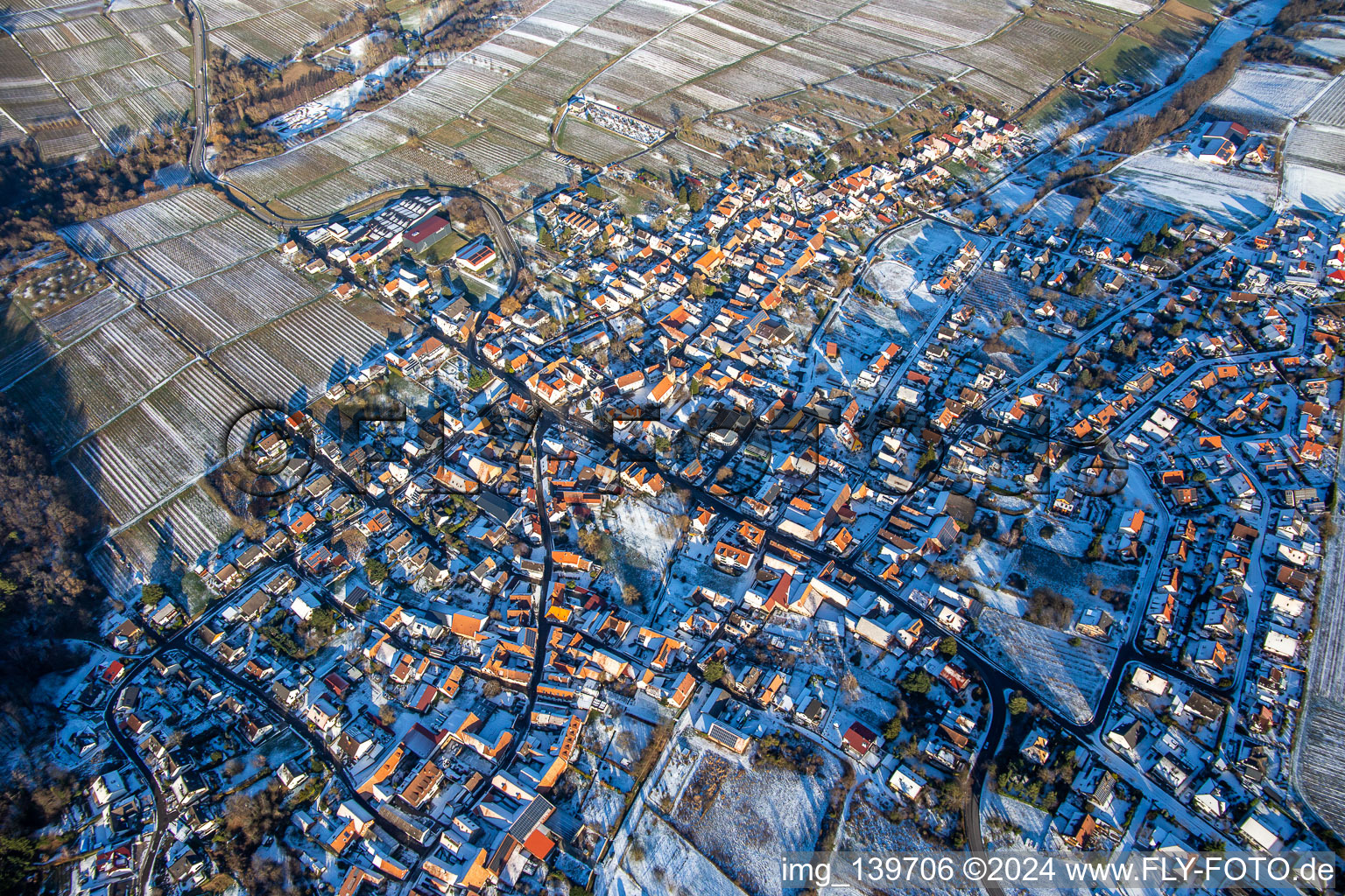 In winter with snow from the southwest in Oberotterbach in the state Rhineland-Palatinate, Germany