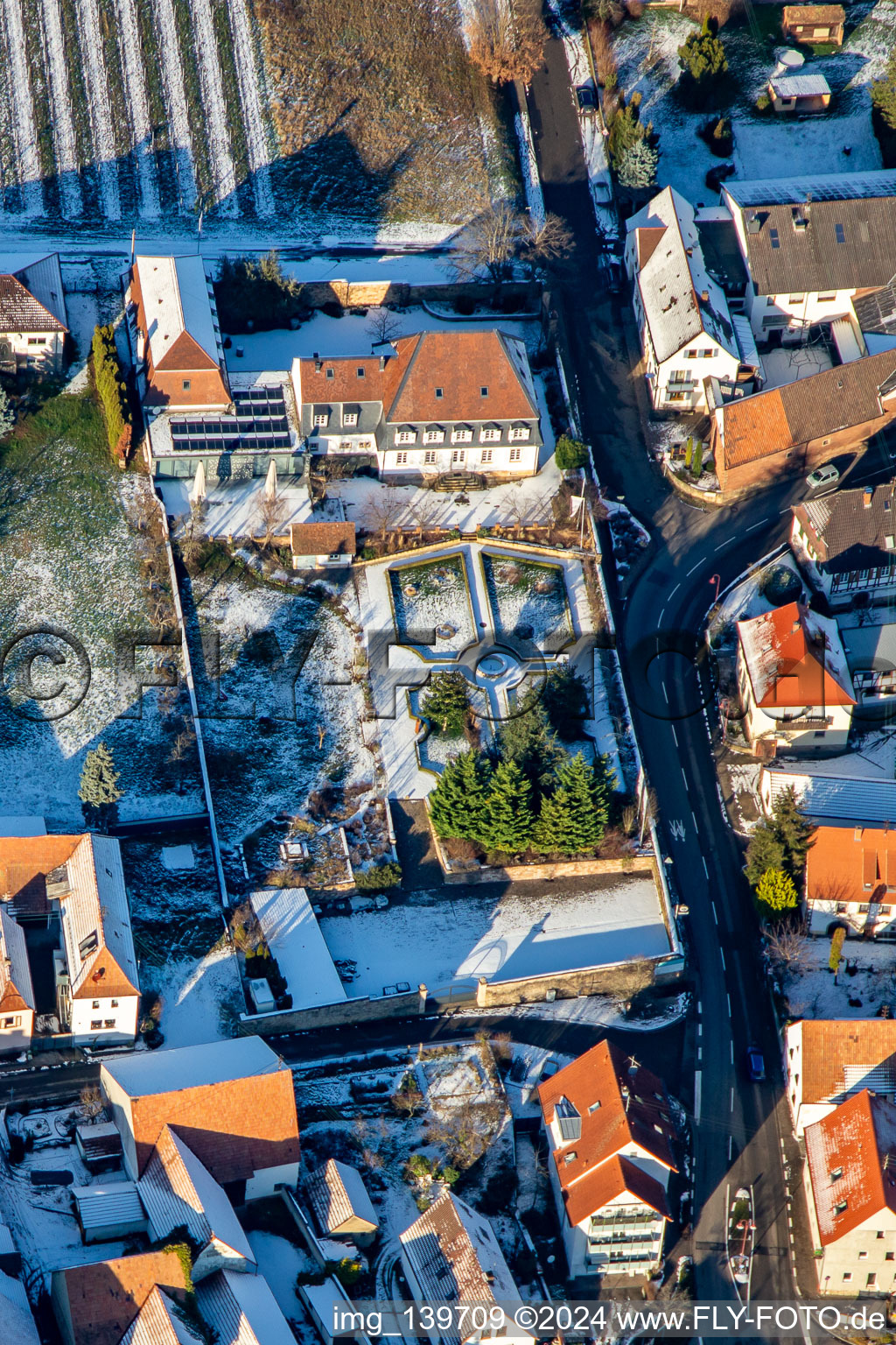 Hotel Restaurant Schlössl in winter with snow in Oberotterbach in the state Rhineland-Palatinate, Germany