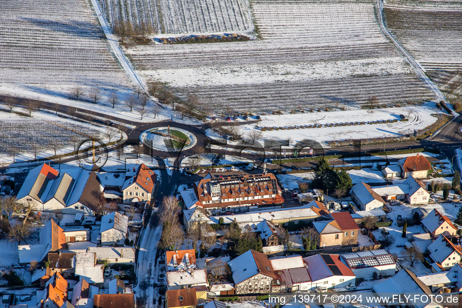 Hotel Restaurant Schweigener Hof in winter with snow in the district Schweigen in Schweigen-Rechtenbach in the state Rhineland-Palatinate, Germany