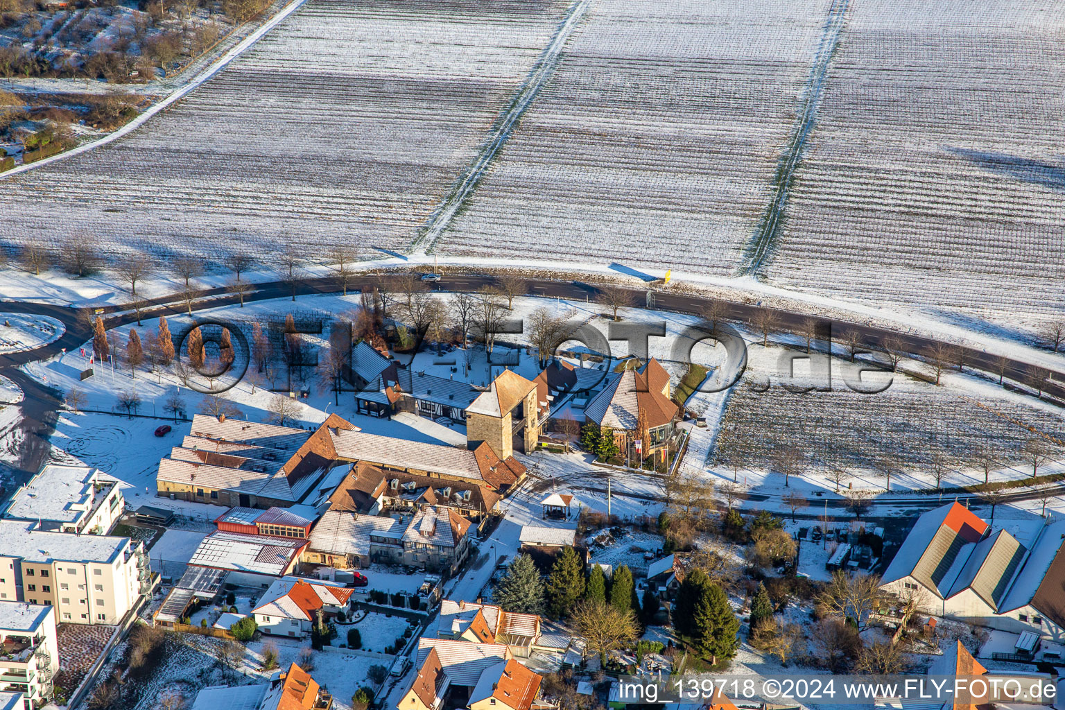 German Wine Gate Palatinate in winter with snow in the district Schweigen in Schweigen-Rechtenbach in the state Rhineland-Palatinate, Germany