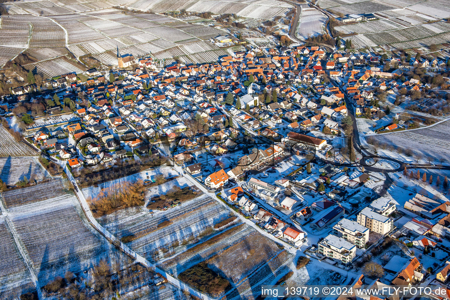 In winter with snow from the southwest in the district Rechtenbach in Schweigen-Rechtenbach in the state Rhineland-Palatinate, Germany