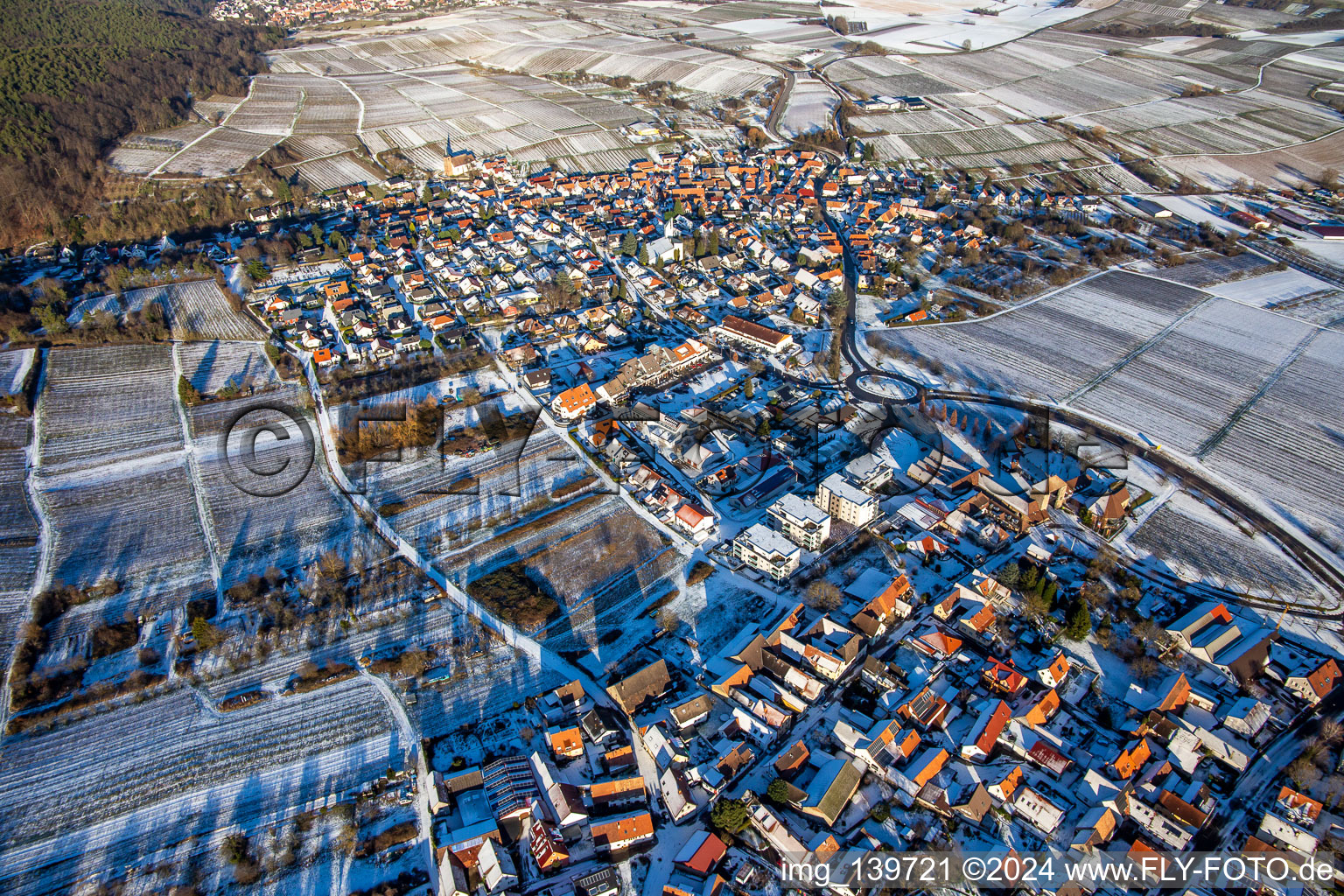 Aerial view of In winter with snow from the southwest in the district Rechtenbach in Schweigen-Rechtenbach in the state Rhineland-Palatinate, Germany