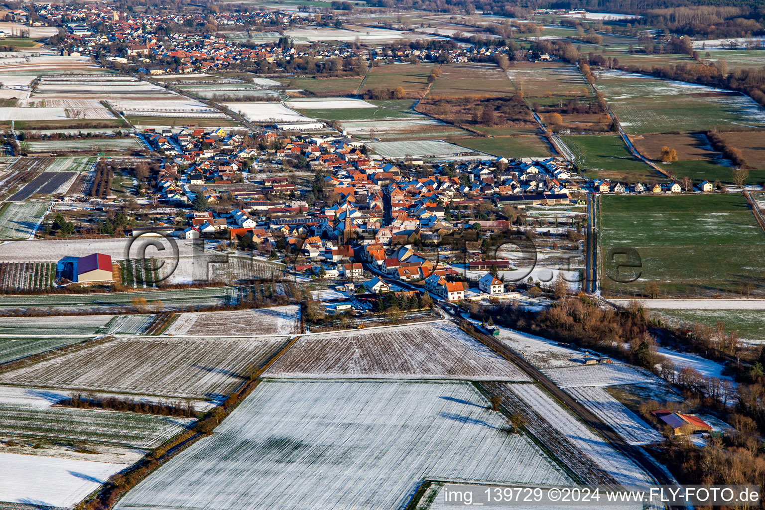 In winter with snow from the west in Schweighofen in the state Rhineland-Palatinate, Germany