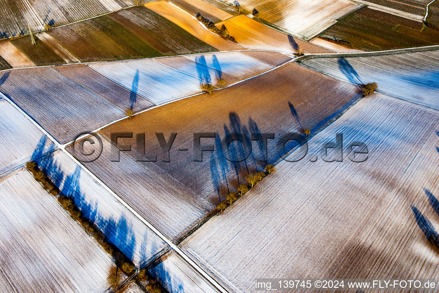 Field structures and shadows in winter with snow in Vollmersweiler in the state Rhineland-Palatinate, Germany