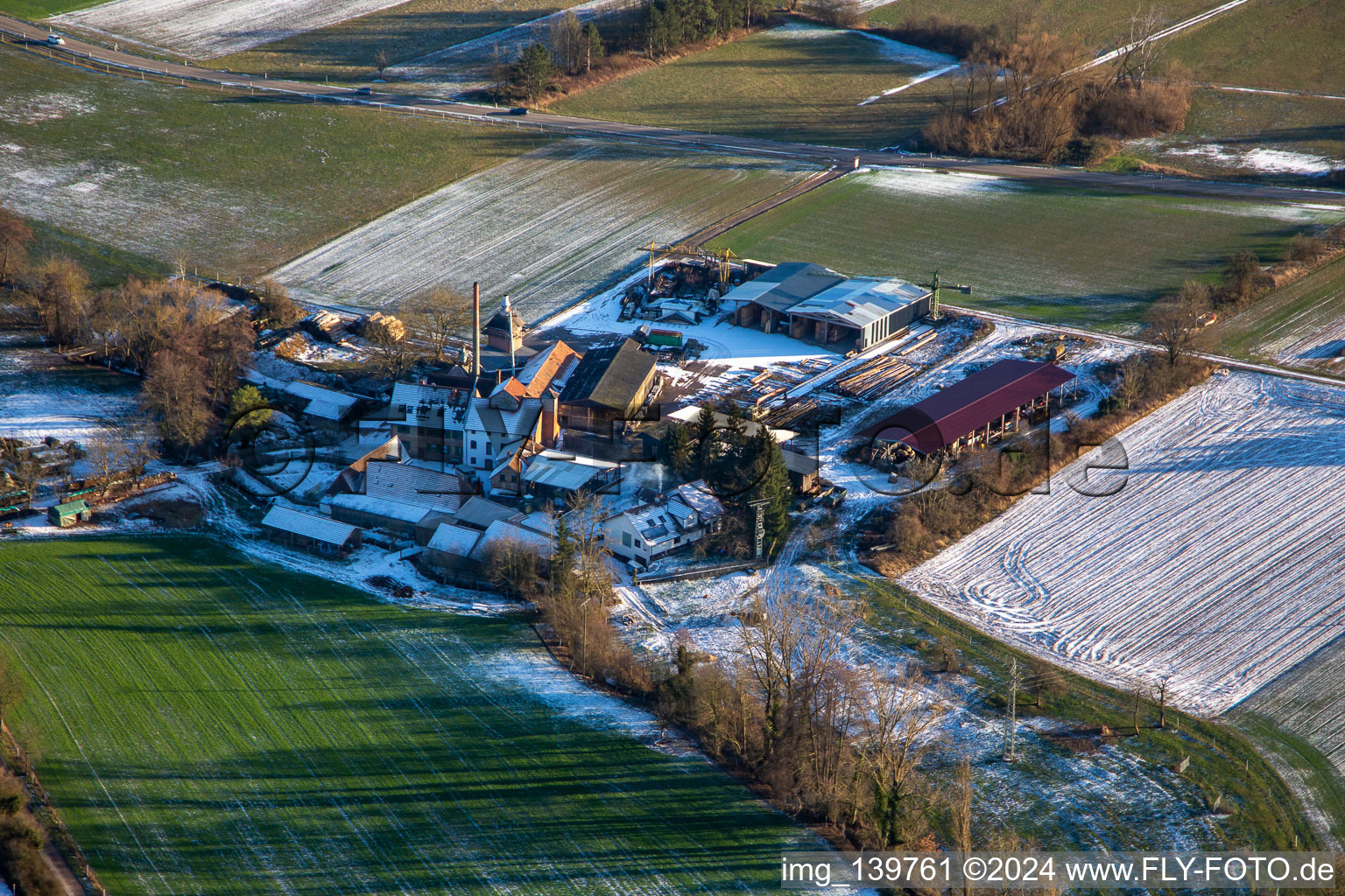 Holzwerk ORTH in the Schaidter Mühle in winter with snow in the district Schaidt in Wörth am Rhein in the state Rhineland-Palatinate, Germany