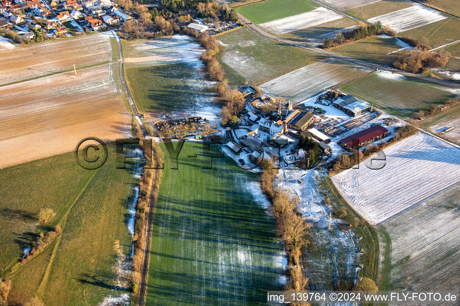 Aerial photograpy of ORTH woodworks in the Schaidter Mühle in winter with snow in the district Schaidt in Wörth am Rhein in the state Rhineland-Palatinate, Germany
