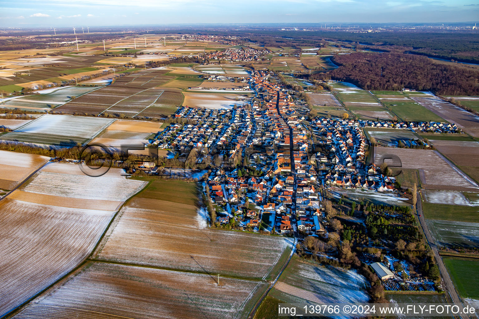 In winter with snow from the west in Freckenfeld in the state Rhineland-Palatinate, Germany