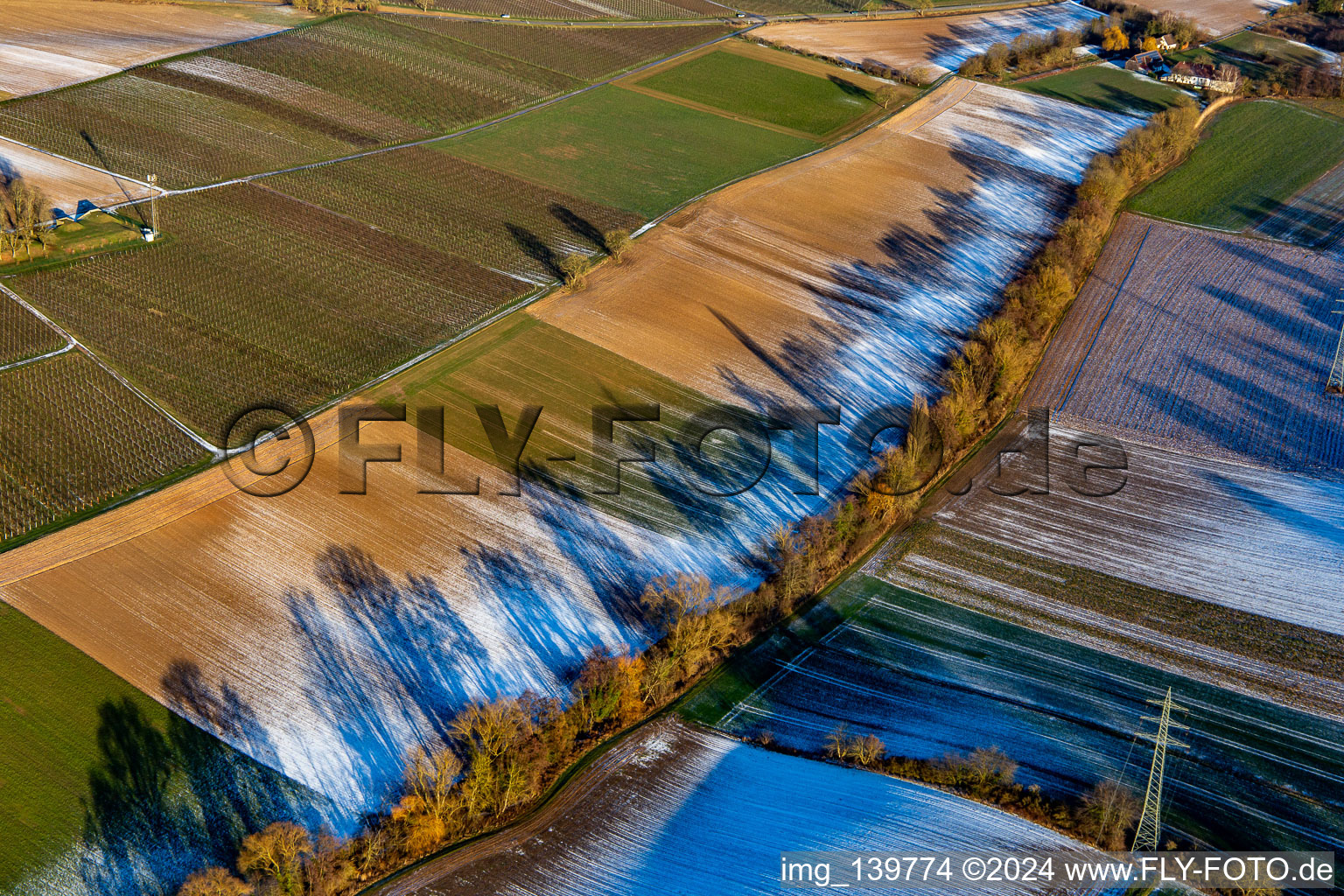 Field structures and shadows in winter with snow at Dierbachtal in Minfeld in the state Rhineland-Palatinate, Germany