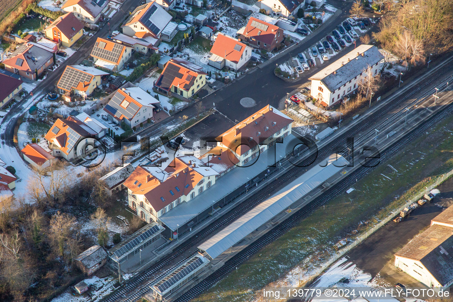 Aerial view of Station Winden and new development area Am bhf in Winden in the state Rhineland-Palatinate, Germany