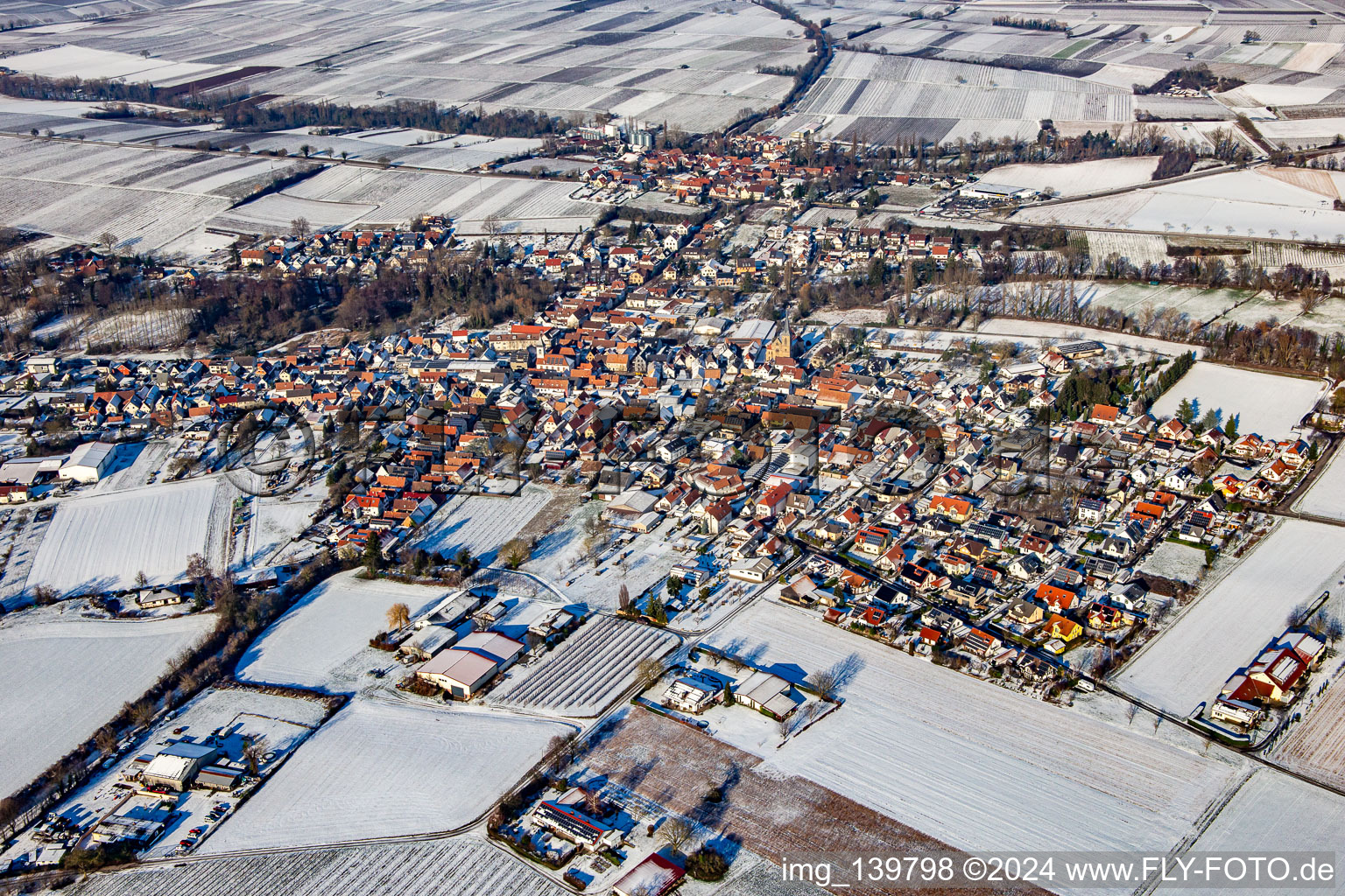 From the southeast in winter in the snow in the district Ingenheim in Billigheim-Ingenheim in the state Rhineland-Palatinate, Germany
