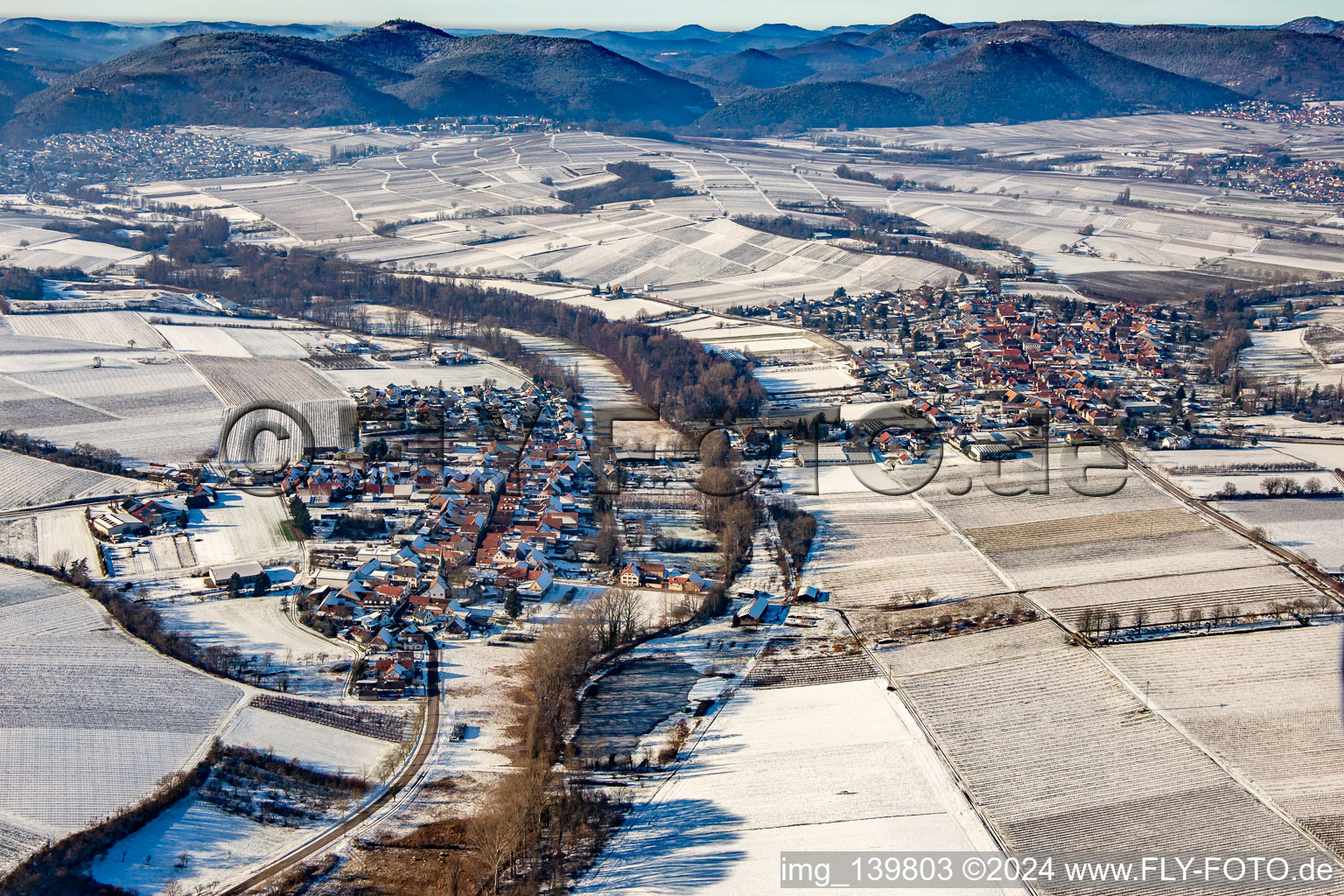 Aerial view of From the east in winter in the snow in the district Klingen in Heuchelheim-Klingen in the state Rhineland-Palatinate, Germany