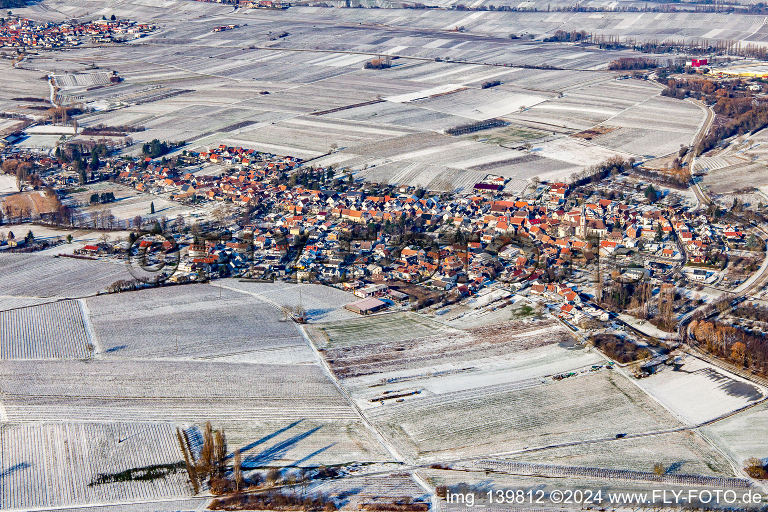 From the south in winter in the snow in Göcklingen in the state Rhineland-Palatinate, Germany