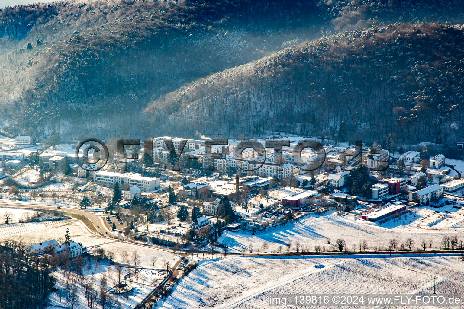 Pfalzklinik Landeck from the northwest in winter in the snow in Klingenmünster in the state Rhineland-Palatinate, Germany