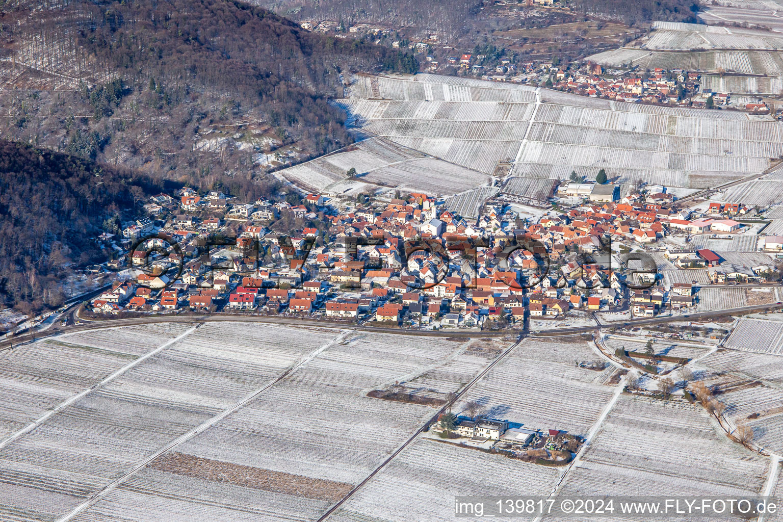 From the south in winter in the snow in Eschbach in the state Rhineland-Palatinate, Germany