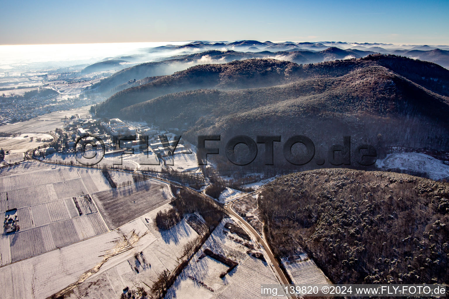 Haardtrand in winter with snow in Klingenmünster in the state Rhineland-Palatinate, Germany