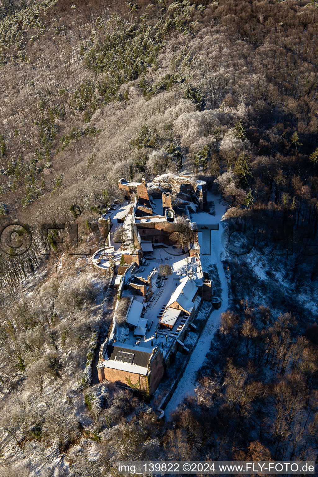 Aerial view of Runie Madenburg in winter with snow in Eschbach in the state Rhineland-Palatinate, Germany