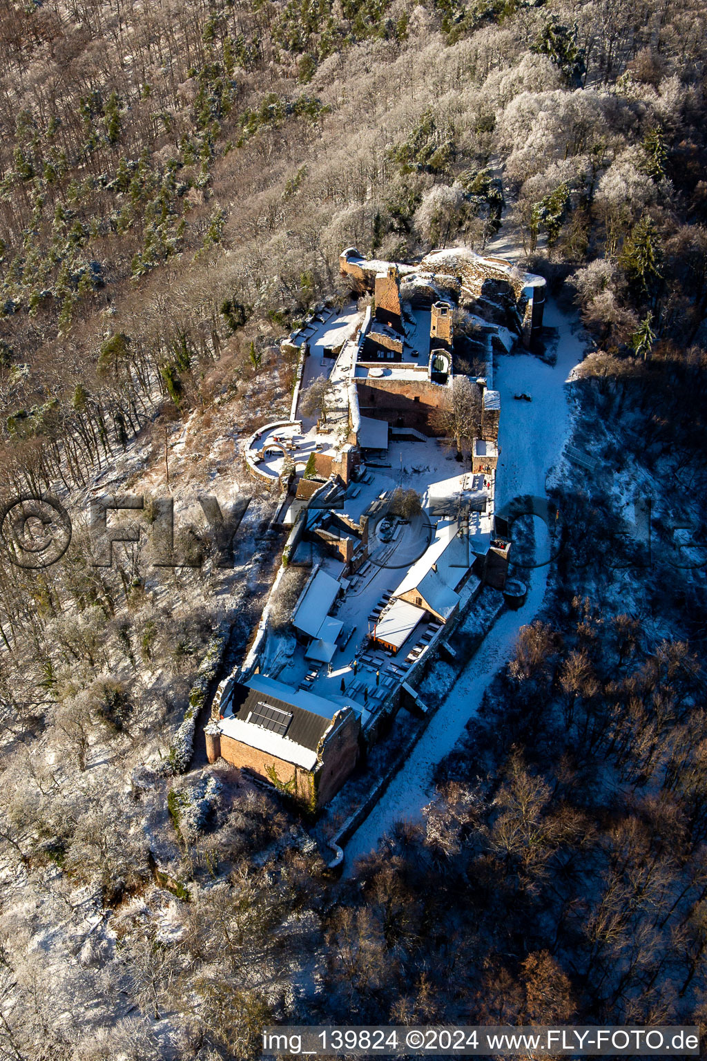 Aerial photograpy of Runie Madenburg in winter with snow in Eschbach in the state Rhineland-Palatinate, Germany