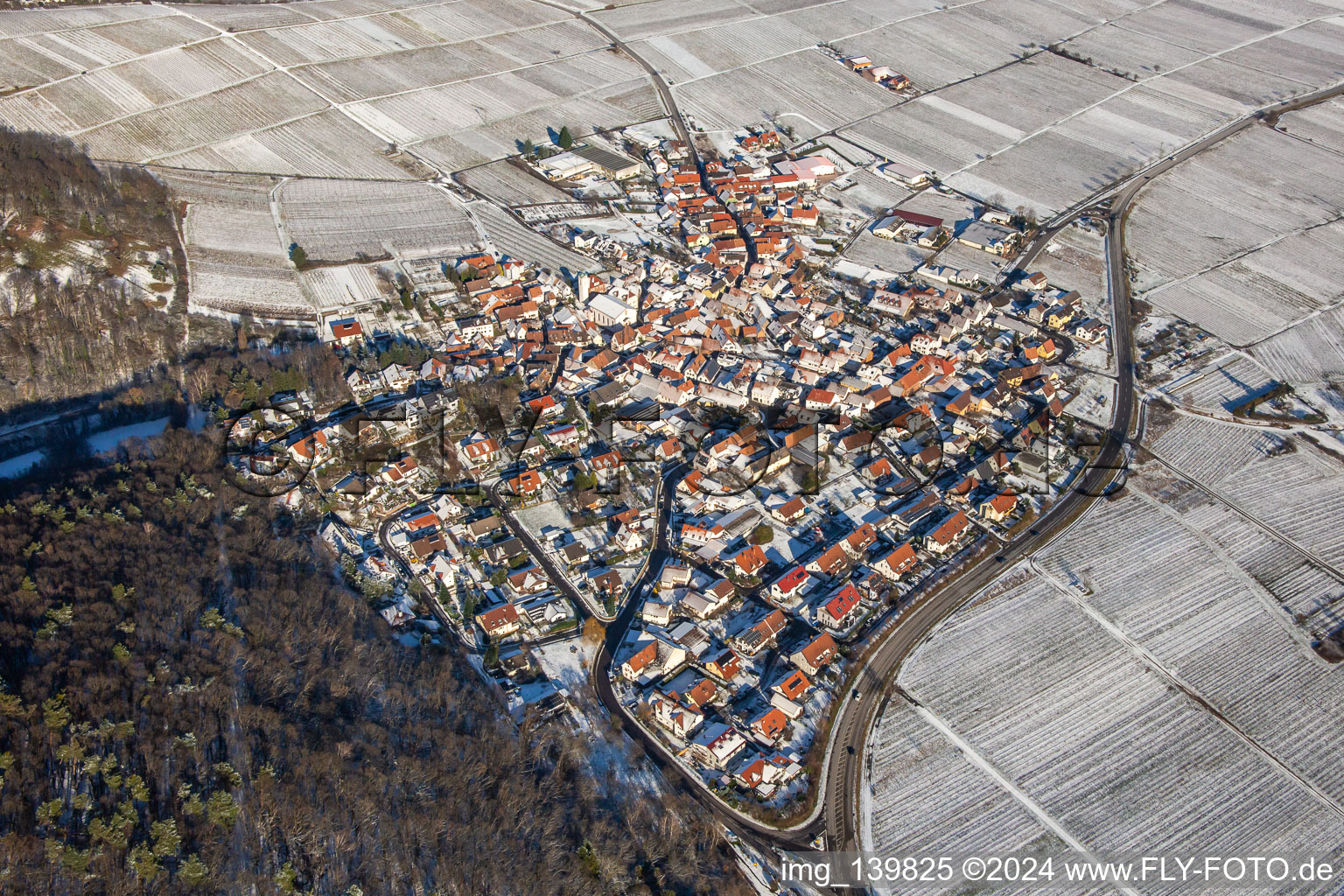 From the southwest in winter in the snow in Eschbach in the state Rhineland-Palatinate, Germany