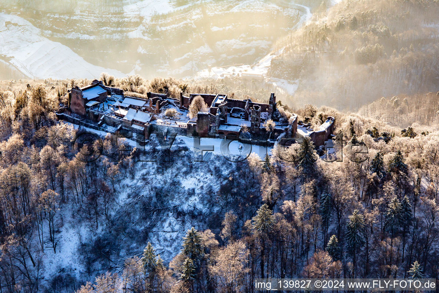 Runie Madenburg in winter with snow in Eschbach in the state Rhineland-Palatinate, Germany from above