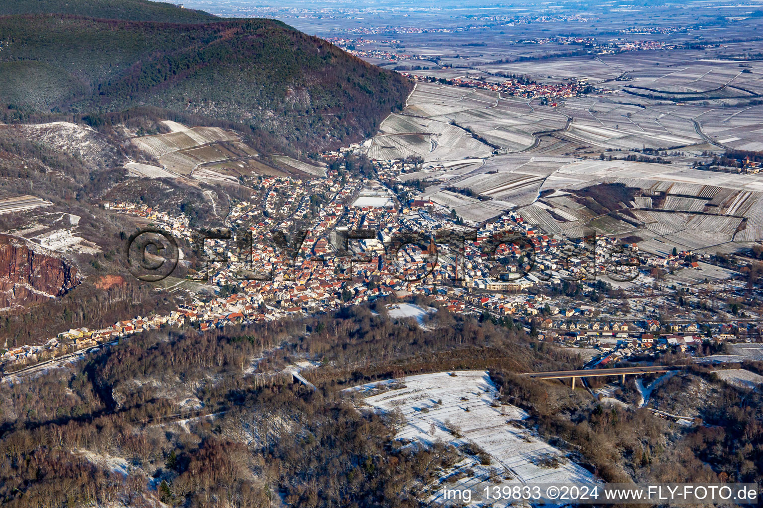 In winter with snow from the south in Albersweiler in the state Rhineland-Palatinate, Germany