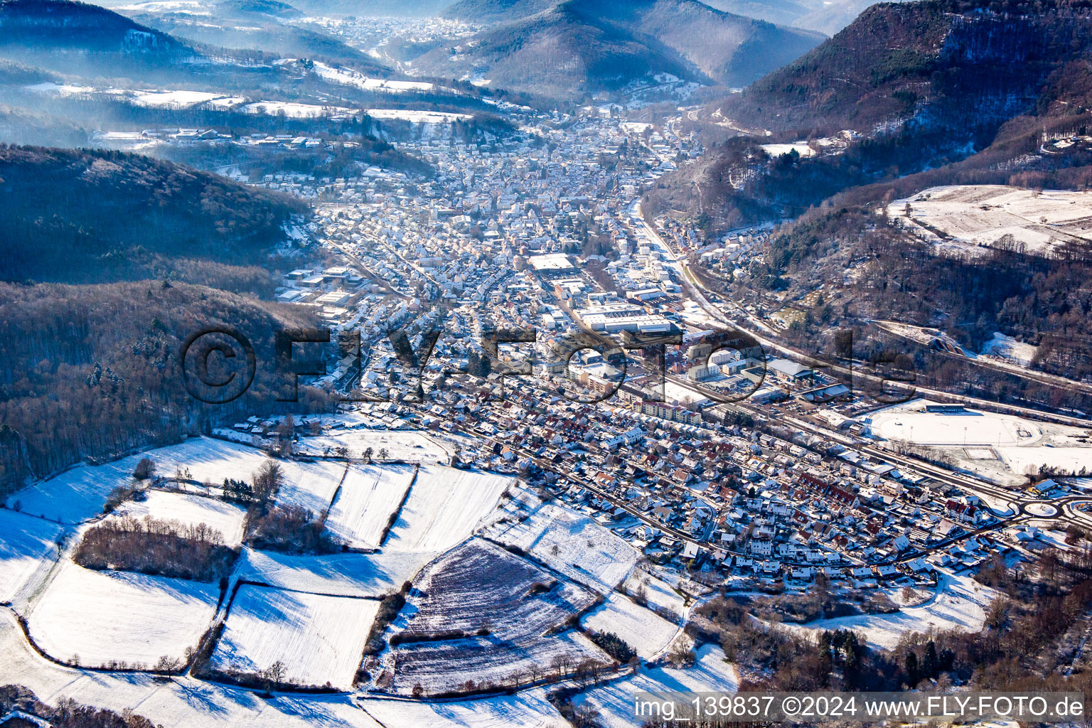 In winter with snow from the east in Annweiler am Trifels in the state Rhineland-Palatinate, Germany