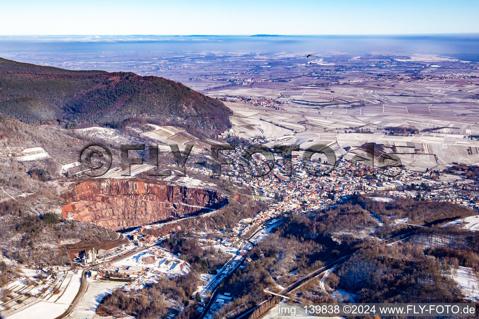 Quarry in winter with snow from the west in Albersweiler in the state Rhineland-Palatinate, Germany